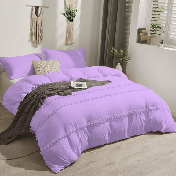 D.N.G. BEDDINGS 1 Piece Boho Chic Pom Pom Comforter, All Season Down Alternative Bedding Comforter - (Twin/Twin XL Size, Lilac) 800 Thread Count, Egyptian Cotton.