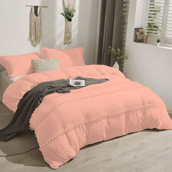 D.N.G. BEDDINGS 1 Piece Boho Chic Pom Pom Comforter, All Season Down Alternative Bedding Comforter - (Twin/Twin XL Size, Peach) 800 Thread Count, Egyptian Cotton.