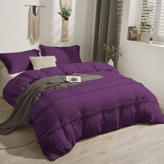 D.N.G. BEDDINGS 1 Piece Boho Chic Pom Pom Comforter, All Season Down Alternative Bedding Comforter - (Twin/Twin XL Size, Plum) 800 Thread Count, Egyptian Cotton.