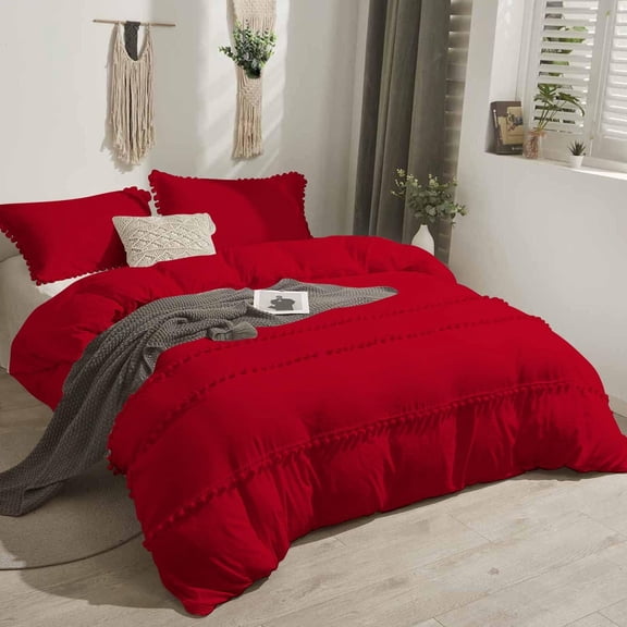 D.N.G. BEDDINGS 1 Piece Boho Chic Pom Pom Comforter, All Season Down Alternative Bedding Comforter - (Twin/Twin XL Size, Red) 800 Thread Count, Egyptian Cotton.