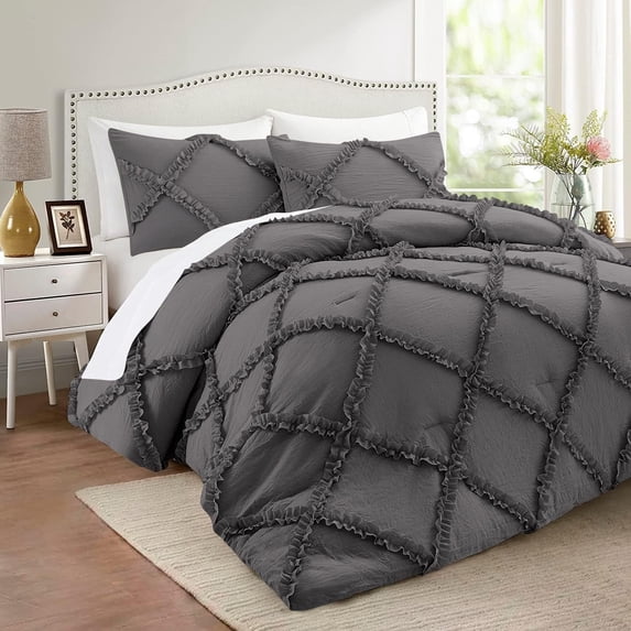 D.N.G. BEDDINGS 1 Piece Luxurious Diamond Ruffle Comforter Super Soft, All Season Pintuck 800 Thread Count, 100% Egyptian Cotton, Super King Size Dark Grey Color
