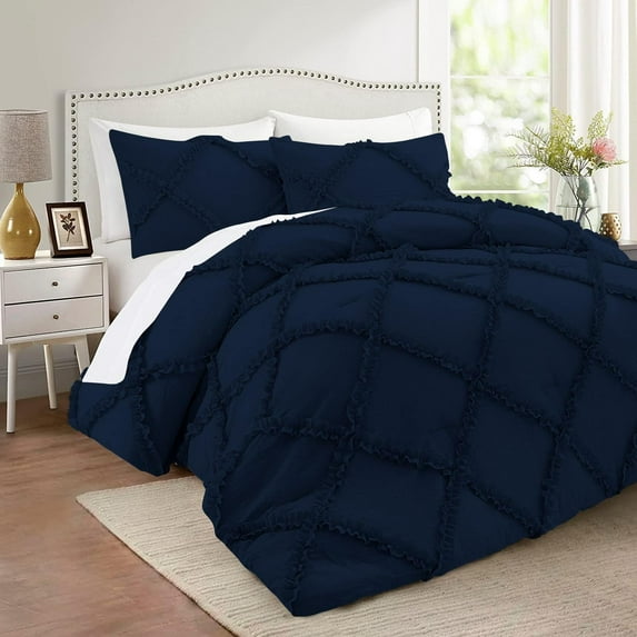 D.N.G. BEDDINGS 1 Piece Luxurious Diamond Ruffle Comforter Super Soft, All Season Pintuck 800 Thread Count, 100% Egyptian Cotton, Super King Size Navy Color