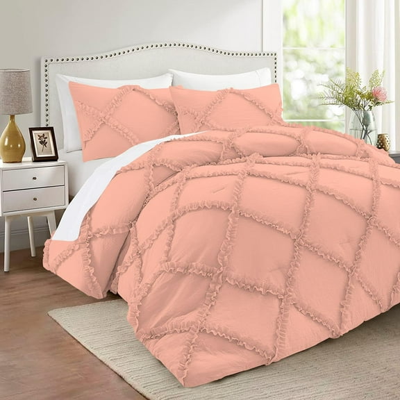 D.N.G. BEDDINGS 1 Piece Luxurious Diamond Ruffle Comforter Super Soft, All Season Pintuck 800 Thread Count, 100% Egyptian Cotton, Twin/Twin XL Size Peach Color