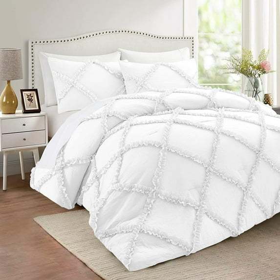 D.N.G. BEDDINGS 1 Piece Luxurious Diamond Ruffle Comforter Super Soft, All Season Pintuck 800 Thread Count, 100% Egyptian Cotton, Twin/Twin XL Size White Color