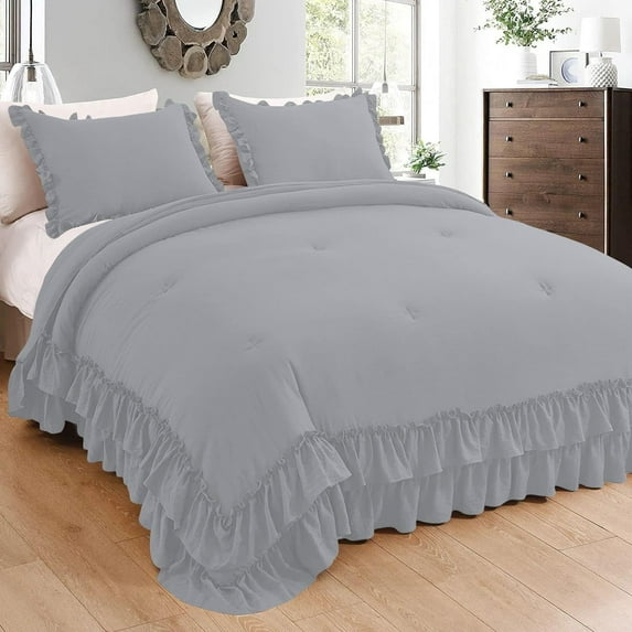 D.N.G. BEDDINGS 1 Piece Luxury 5 Inch Two Layer Ruffle Comforter Premium Super Soft, 800 TC, 100% Egyptian Cotton, Super Soft, Full/Queen Size Silver Color