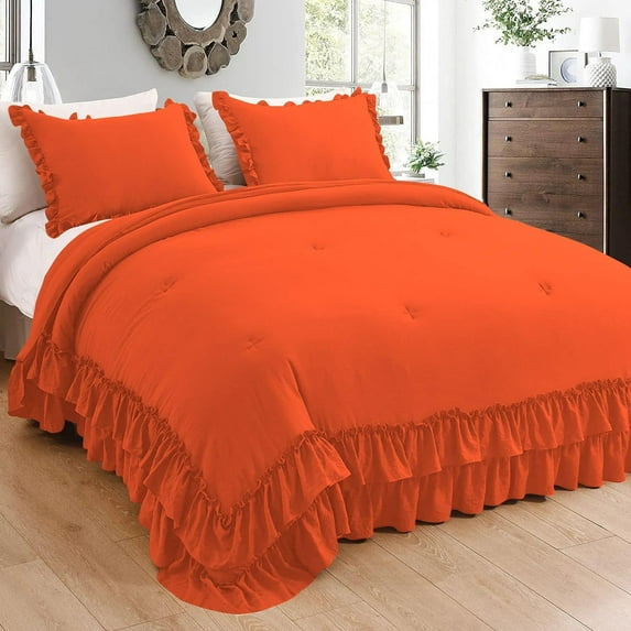 D.N.G. BEDDINGS 1 Piece Luxury 5 Inch Two Layer Ruffle Comforter Premium Super Soft, 800 TC, 100% Egyptian Cotton, Super Soft, King/California King Size Orange Color
