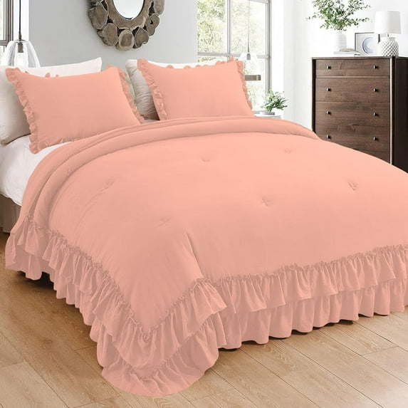 D.N.G. BEDDINGS 1 Piece Luxury 5 Inch Two Layer Ruffle Comforter Premium Super Soft, 800 TC, 100% Egyptian Cotton, Super Soft, King/California King Size Peach Color