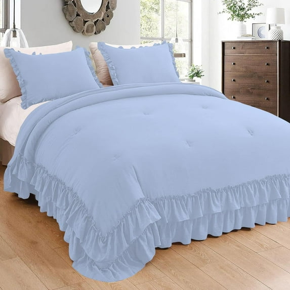 D.N.G. BEDDINGS 1 Piece Luxury 5 Inch Two Layer Ruffle Comforter Premium Super Soft, 800 TC, 100% Egyptian Cotton, Super Soft, Oversized Super King Size Light Blue Color