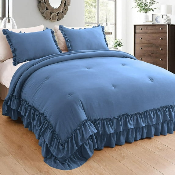 D.N.G. BEDDINGS 1 Piece Luxury 5 Inch Two Layer Ruffle Comforter Premium Super Soft, 800 TC, 100% Egyptian Cotton, Super Soft, Oversized Super King Size Medium Blue Color