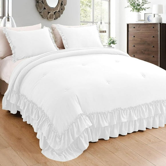 D.N.G. BEDDINGS 1 Piece Luxury 5 Inch Two Layer Ruffle Comforter Premium Super Soft, 800 TC, 100% Egyptian Cotton, Super Soft, Super King Size White Color