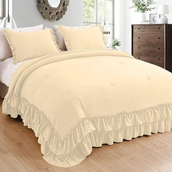 D.N.G. BEDDINGS 1 Piece Luxury 5 Inch Two Layer Ruffle Comforter Premium Super Soft, 800 TC, 100% Egyptian Cotton, Super Soft, Twin/Twin XL Size Ivory Color