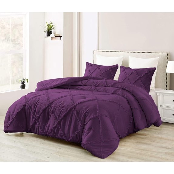 D.N.G. BEDDINGS 1 Piece Luxury Diamond Ruffle Comforter Super Soft, All Season Pintuck 800 TC, 100% Egyptian Cotton, Super Soft Full/Queen Size Plum Color