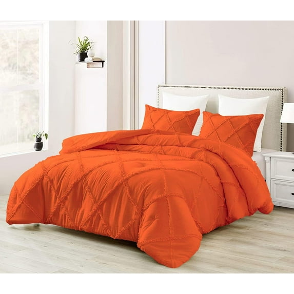 D.N.G. BEDDINGS 1 Piece Luxury Diamond Ruffle Comforter Super Soft, All Season Pintuck 800 TC, 100% Egyptian Cotton, Super Soft Oversized Super King Size Orange Color