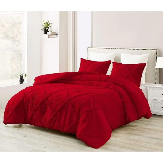 D.N.G. BEDDINGS 1 Piece Luxury Diamond Ruffle Comforter Super Soft, All Season Pintuck 800 TC, 100% Egyptian Cotton, Super Soft Oversized Super King Size Red Color