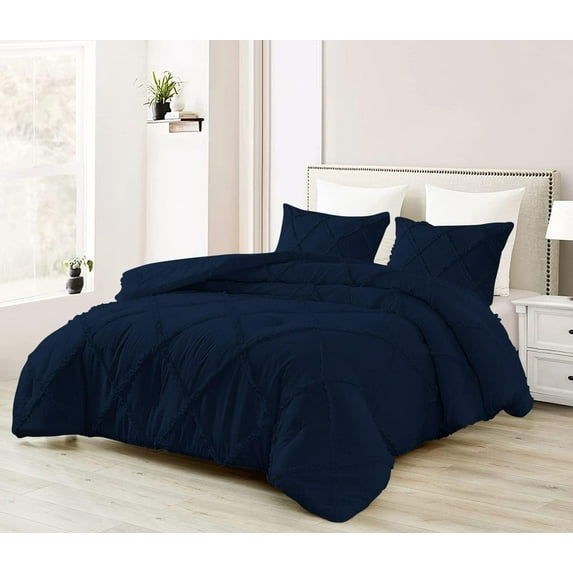 D.N.G. BEDDINGS 1 Piece Luxury Diamond Ruffle Comforter Super Soft, All Season Pintuck 800 TC, 100% Egyptian Cotton, Super Soft Super King Size Navy Color