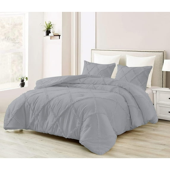 D.N.G. BEDDINGS 1 Piece Luxury Diamond Ruffle Comforter Super Soft, All Season Pintuck 800 TC, 100% Egyptian Cotton, Super Soft Super King Size Silver Color