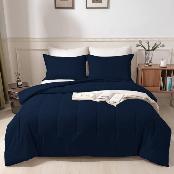 D.N.G. BEDDINGS 1 Piece Luxury New Straight Line Pattern Comforter, Premium Super Soft, 800 Thread Count, 100% Egyptian Cotton, Full/Queen Size Navy Solid Color