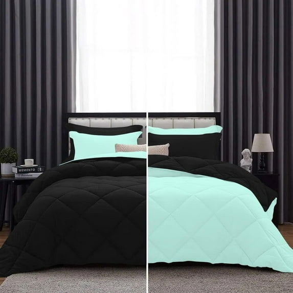 D.N.G. BEDDINGS 1 Piece Luxury Reversible Diamond Pattern Comforter Premium Super Soft, All Season 800 TC, 100% Egyptian Cotton Full/Queen Size Aqua Blue/Black Solid Color