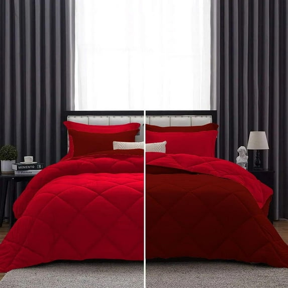 D.N.G. BEDDINGS 1 Piece Luxury Reversible Diamond Pattern Comforter Premium Super Soft, All Season 800 TC, 100% Egyptian Cotton Full/Queen Size Burgundy/Red Solid Color