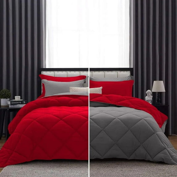 D.N.G. BEDDINGS 1 Piece Luxury Reversible Diamond Pattern Comforter Premium Super Soft, All Season 800 TC, 100% Egyptian Cotton Full/Queen Size Dark Grey/Red Solid Color