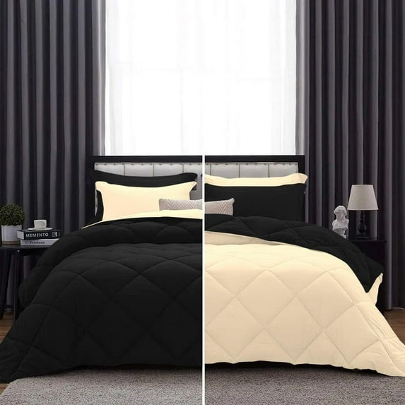 D.N.G. BEDDINGS 1 Piece Luxury Reversible Diamond Pattern Comforter Premium Super Soft, All Season 800 TC, 100% Egyptian Cotton Full/Queen Size Ivory/Black Solid Color