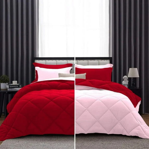 D.N.G. BEDDINGS 1 Piece Luxury Reversible Diamond Pattern Comforter Premium Super Soft, All Season 800 TC, 100% Egyptian Cotton Full/Queen Size Light Pink/Red Solid Color
