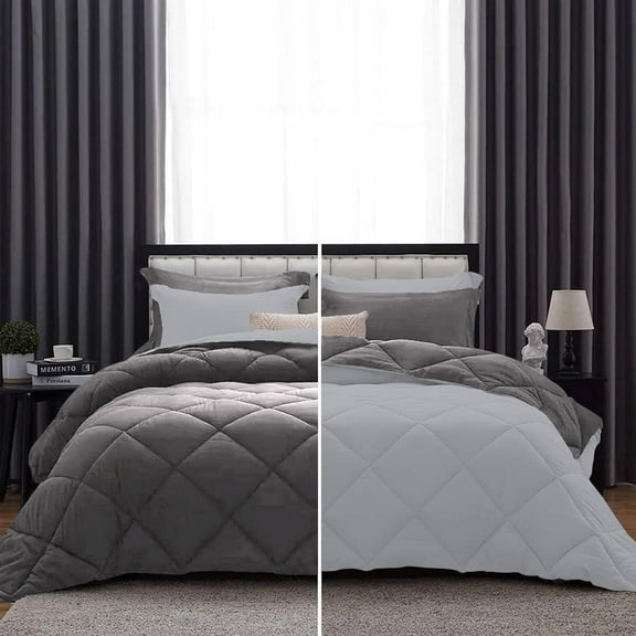 D.N.G. BEDDINGS 1 Piece Luxury Reversible Diamond Pattern Comforter Premium Super Soft, All Season 800 TC, 100% Egyptian Cotton King/California King Size Dark Grey-Silver Color