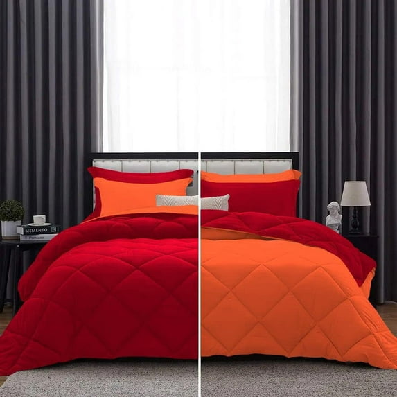 D.N.G. BEDDINGS 1 Piece Luxury Reversible Diamond Pattern Comforter Premium Super Soft, All Season 800 TC, 100% Egyptian Cotton King/California King Size Orange/Red Solid Color