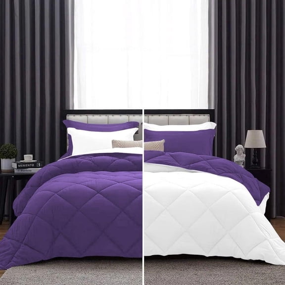 D.N.G. BEDDINGS 1 Piece Luxury Reversible Diamond Pattern Comforter Premium Super Soft, All Season 800 TC, 100% Egyptian Cotton King/California King Size Purple/White Solid Color