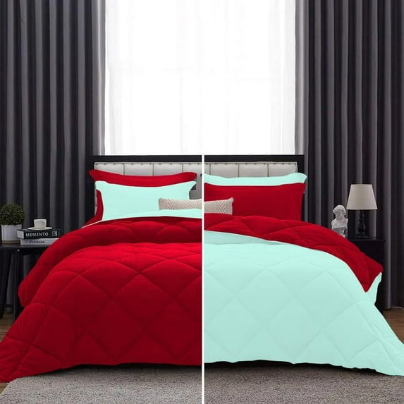 D.N.G. BEDDINGS 1 Piece Luxury Reversible Diamond Pattern Comforter Premium Super Soft, All Season 800 TC, 100% Egyptian Cotton Oversized Super King Size Aqua Blue/Red Solid Color