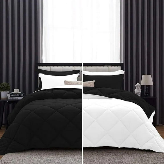 D.N.G. BEDDINGS 1 Piece Luxury Reversible Diamond Pattern Comforter Premium Super Soft, All Season 800 TC, 100% Egyptian Cotton Oversized Super King Size Black/White Solid Color