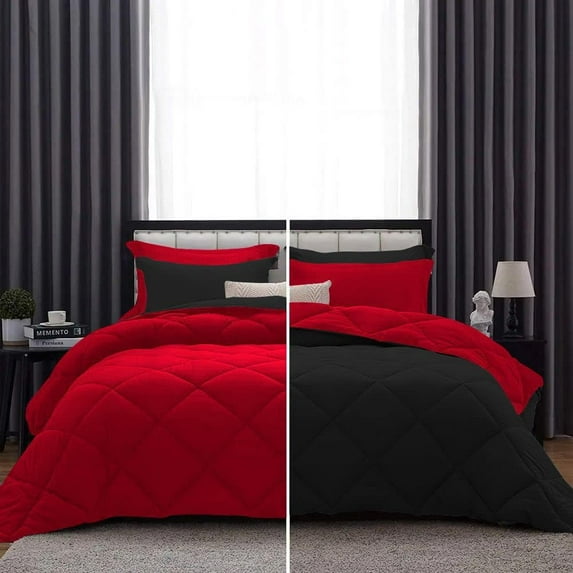 D.N.G. BEDDINGS 1 Piece Luxury Reversible Diamond Pattern Comforter Premium Super Soft, All Season 800 TC, 100% Egyptian Cotton Super King Size Black/Red Solid Color