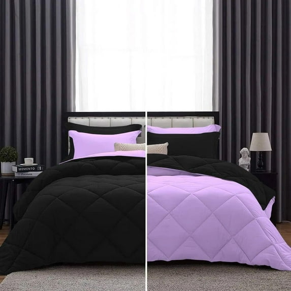 D.N.G. BEDDINGS 1 Piece Luxury Reversible Diamond Pattern Comforter Premium Super Soft, All Season 800 TC, 100% Egyptian Cotton Super King Size Lilac/Black Solid Color