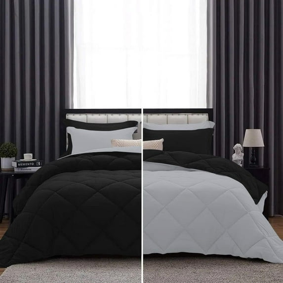 D.N.G. BEDDINGS 1 Piece Luxury Reversible Diamond Pattern Comforter Premium Super Soft, All Season 800 TC, 100% Egyptian Cotton Super King Size Silver/Black Solid Color