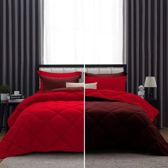 D.N.G. BEDDINGS 1 Piece Luxury Reversible Diamond Pattern Comforter Premium Super Soft, All Season 800 TC, 100% Egyptian Cotton Super King Size Wine/Red Solid Color