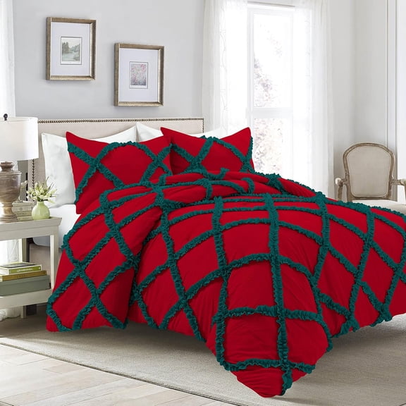 1 Piece Luxury Two Tone Diamond Ruffle Pattern Comforter Super Soft, All Season 800 Thread Count, 100% Egyptian Cotton, Full/Queen Size Teal/Red Solid Color