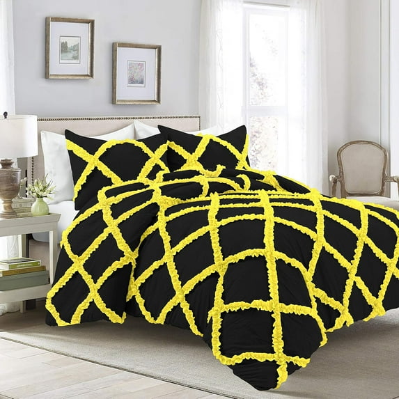 1 Piece Luxury Two Tone Diamond Ruffle Pattern Comforter Super Soft All Season 800 Thread Count, 100% Egyptian Cotton, Full/Queen Size Yellow/Black Solid Color