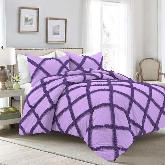 D.N.G. BEDDINGS 1 Piece Luxury Two Tone Diamond Ruffle Pattern Comforter Premium Super Soft, All Season 800 Thread Count, 100% Egyptian Cotton, Super King Size Lilac-Purple Color