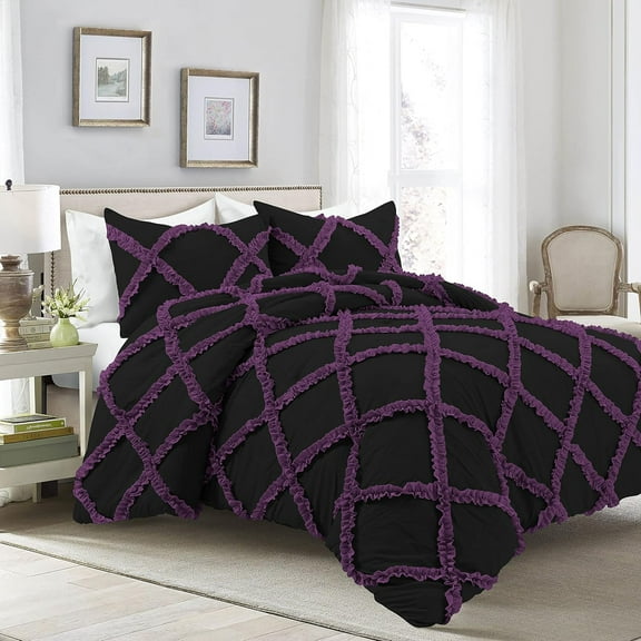 1 Piece Luxury Two Tone Diamond Ruffle Pattern Comforter Super Soft All Season 800 Thread Count, 100% Egyptian Cotton, Super King Size Plum/Black Solid Color
