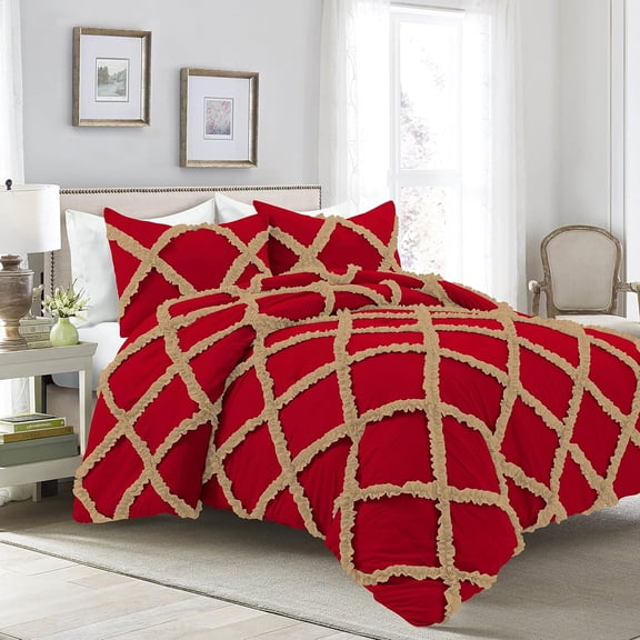 1 Piece Luxury Two Tone Diamond Ruffle Pattern Comforter Super Soft, All Season 800 Thread Count, 100% Egyptian Cotton, Super King Size Taupe/Red Solid Color