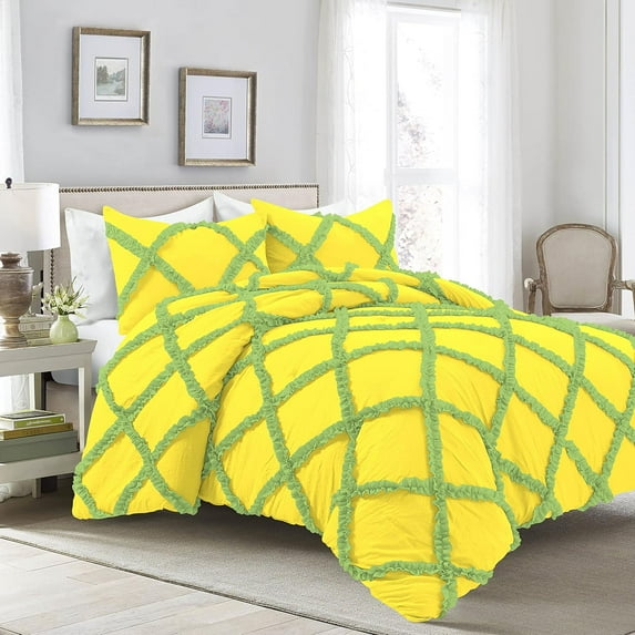 1 Piece Luxury Two Tone Diamond Ruffle Pattern Comforter Super Soft, All Season 800 Thread Count, 100% Egyptian Cotton, Twin/Twin XL Size Yellow-Sage Color