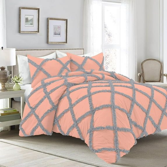 1 Piece Luxury Two Tone Diamond Ruffle Pattern Comforter Super Soft, All Season 800 Thread Count, 100% Egyptian Cotton, Twin/Twin XL Size Peach-Silver Color