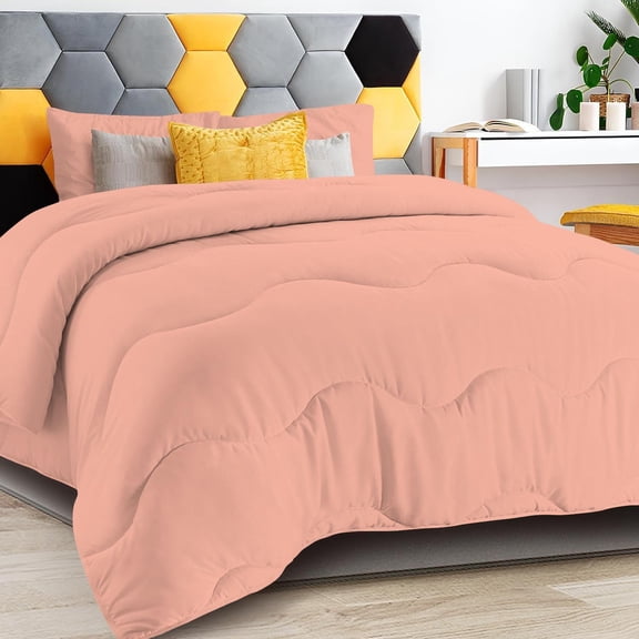 D.N.G. BEDDINGS 1 Piece Luxury Wavy Stitching Comforter Super Soft, All Season, 800 Thread Count, 100% Egyptian Cotton, With 6 Corner Tabs, Full/Queen Size Peach Color