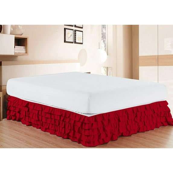 D.N.G. BEDDINGS 1 Piece Multi Ruffle Bed Skirt, 10 Inch Deep Pocket, 800 Thread Cotton 100% Egyptian Cotton, Olympic Queen Size (66" x 80") Inch, Solid Red