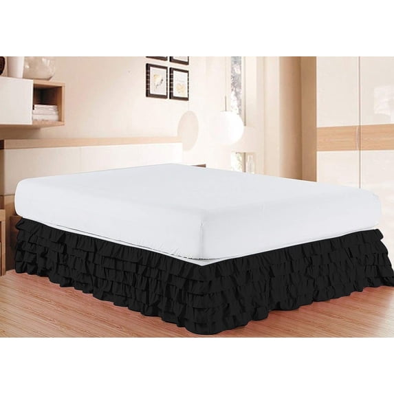 D.N.G. BEDDINGS 1 Piece Multi Ruffle Bed Skirt, 12 Inch Deep Pocket, 800 Thread Cotton 100% Egyptian Cotton, California King Size (72" x 84") Inch, Solid Black