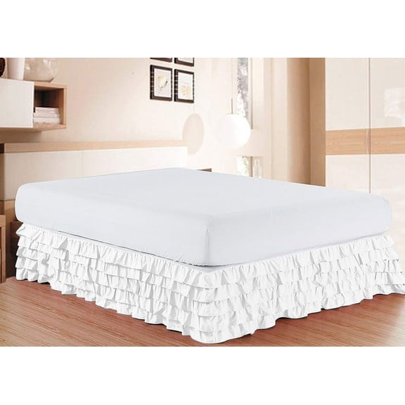 D.N.G. BEDDINGS 1 Piece Multi Ruffle Bed Skirt, 6 Inch Deep Pocket, 800 Thread Cotton 100% Egyptian Cotton, Queen Size (60" x 80") Inch, Solid White