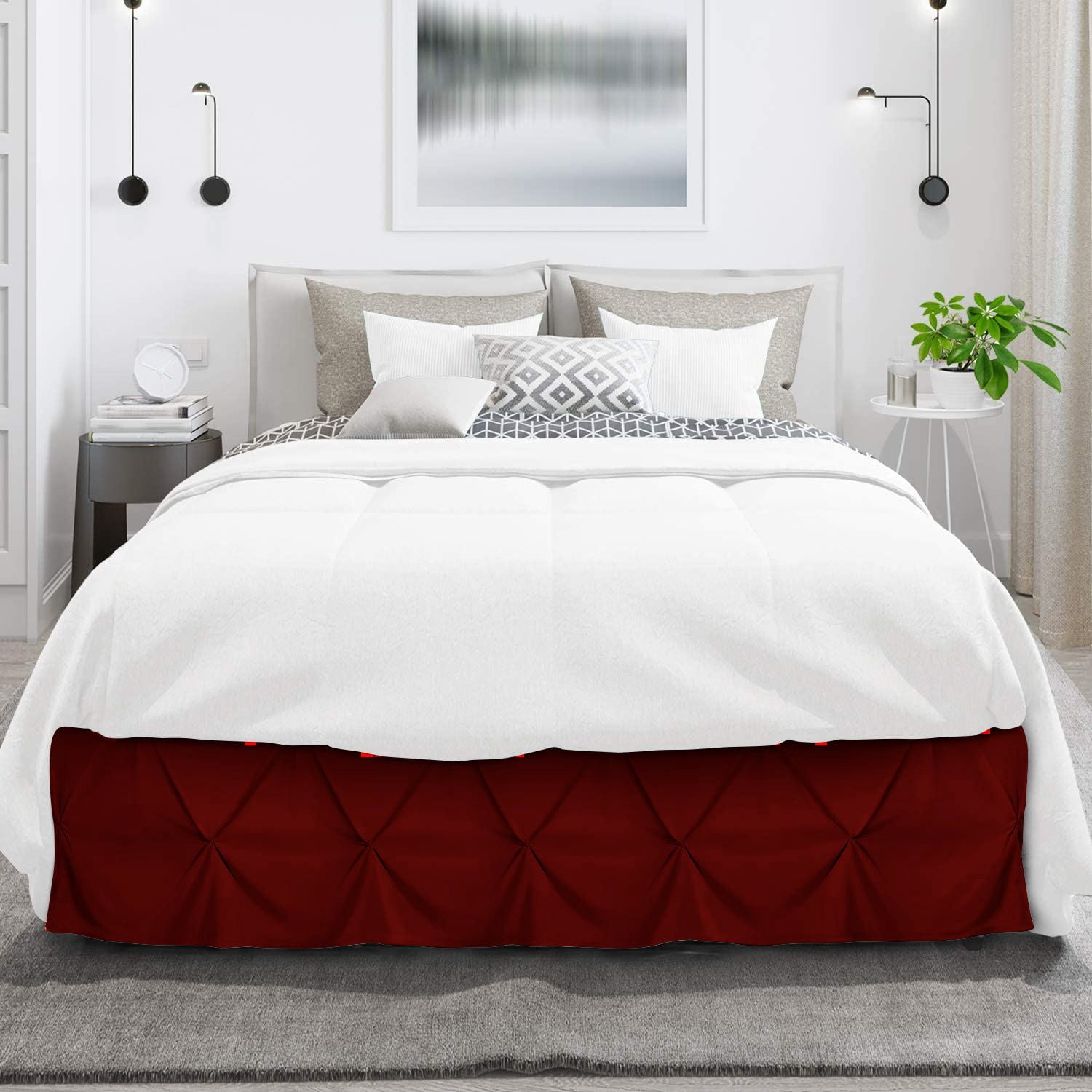 D.N.G. BEDDINGS 1 Piece Pinch Pleated Bed Skirt, 10 Inch Deep Pocket, 800 Thread Cotton 100% Egyptian Cotton, Olympic Queen Size (66" x 80") Inch, Solid Burgundy