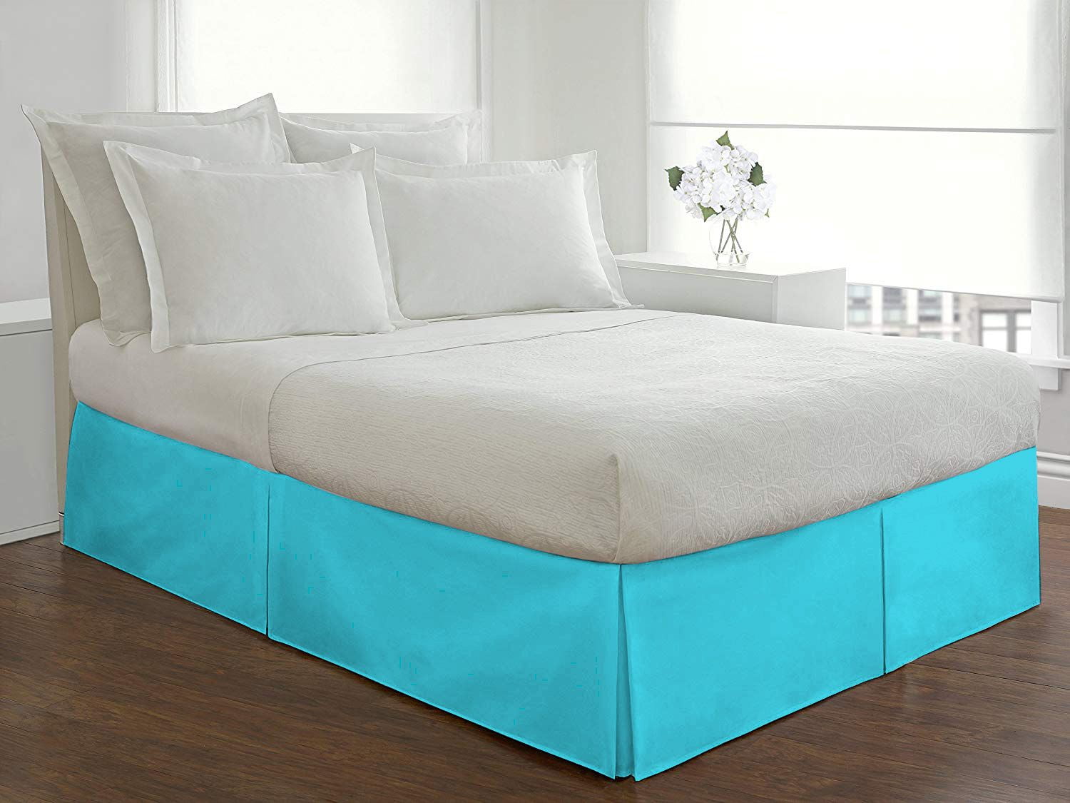 D.N.G. BEDDINGS 1 Piece Split Corner Tailored Bed Skirt, 24 Inch Deep Pocket, 800 Thread Cotton 100% Egyptian Cotton, California King Size (72" x 84") Inch, Solid Turquoise Blue