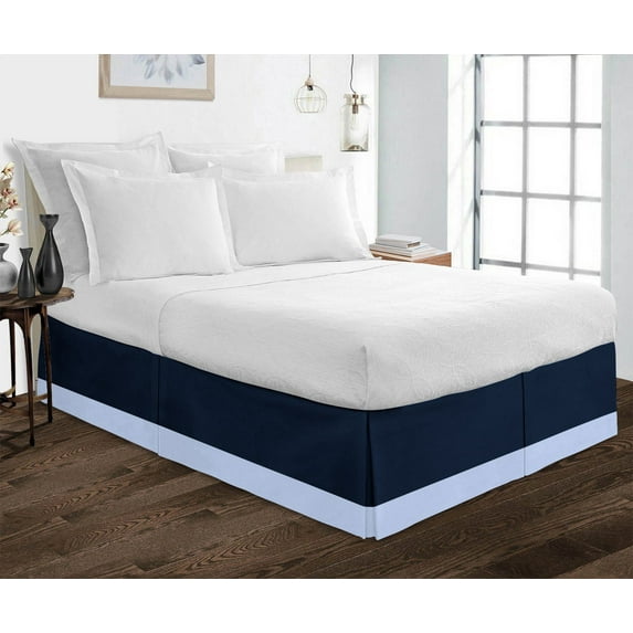 D.N.G. BEDDINGS 1 Piece Split Corner Two Tone Tailored Bed Skirt, California King Size 26 Inch Deep Pocket, 800 Thread Count, 100% Egyptian Cotton, Solid Navy/Light Blue Color.