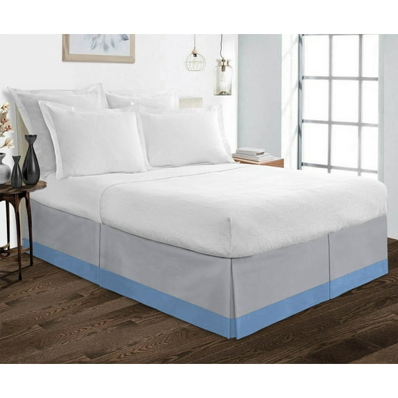D.N.G. BEDDINGS 1 Piece Split Corner Two Tone Tailored Bed Skirt, California King Size 26 Inch Deep Pocket, 800 Thread Count, 100% Egyptian Cotton, Solid Silver/Medium Blue Color.